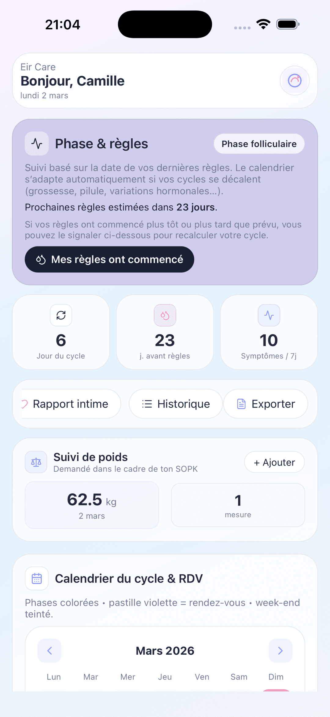 Eir Care — Tableau de bord